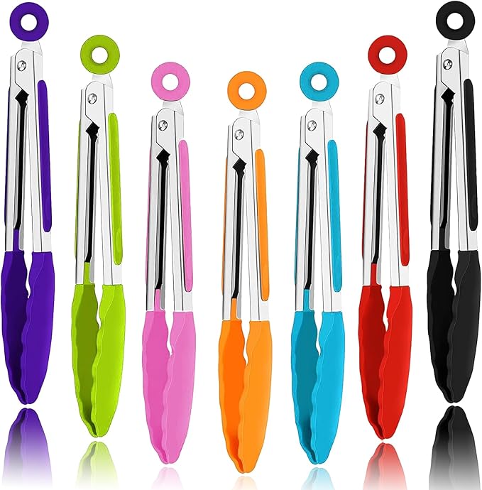 7 Pack Kitchen Tongs,Cooking Tongs with Stainless Steel Silicon Handles and Nylon Tips,7 Inch Stainless Steel Tongs,Heat Resistant Non-Stick BBQ Tongs with Locking, for Cooking Grilling Salad