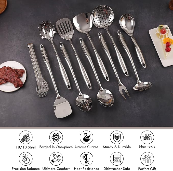 18/10 Stainless Steel Kitchen Utensils Set with Holder - 15″ Spatula Spoon Set with Storage Organizer for Countertop, Fork, Tongs, Spatula, Ladle, Skimmer, Turner, Spaghetti, Large Spoon Set of 12