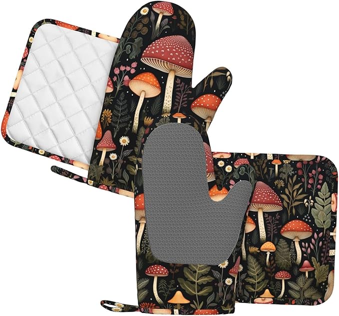 Oven Mitts and Pot Holders Mushroom Botanical Leaf Vintage Silicone Kitchen Accessories Set of 4 Heat Resistant Long Gloves Potholder Non-Slip Grip for Chef Cooking Baking Grilling BBQ