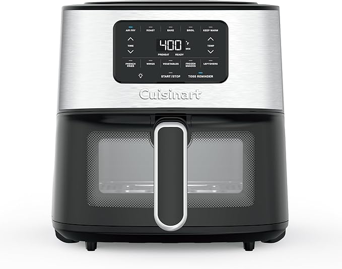Cuisinart Air Fryer, 6-Quart Basket Large Fryer with 5 Cooking Functions to Roast, Bake, Broil, Air Fry and Keep Warm, 5 Airfryer Presets, Dishwasher-Safe Parts, AIR-200NAS, Stainless Steel & Black