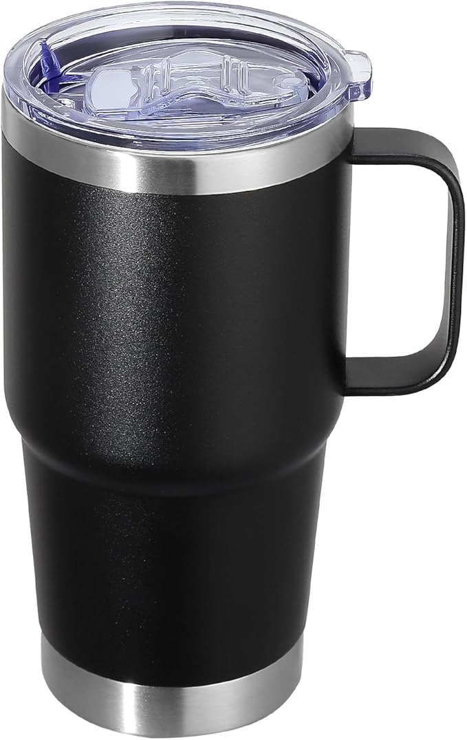 20 oz Stainless Steel Tumbler with Handle Metal Insulated Coffee Travel Mug with Handle Double Wall Tumbler Cup with Lid and Straw, Black 1 Pack