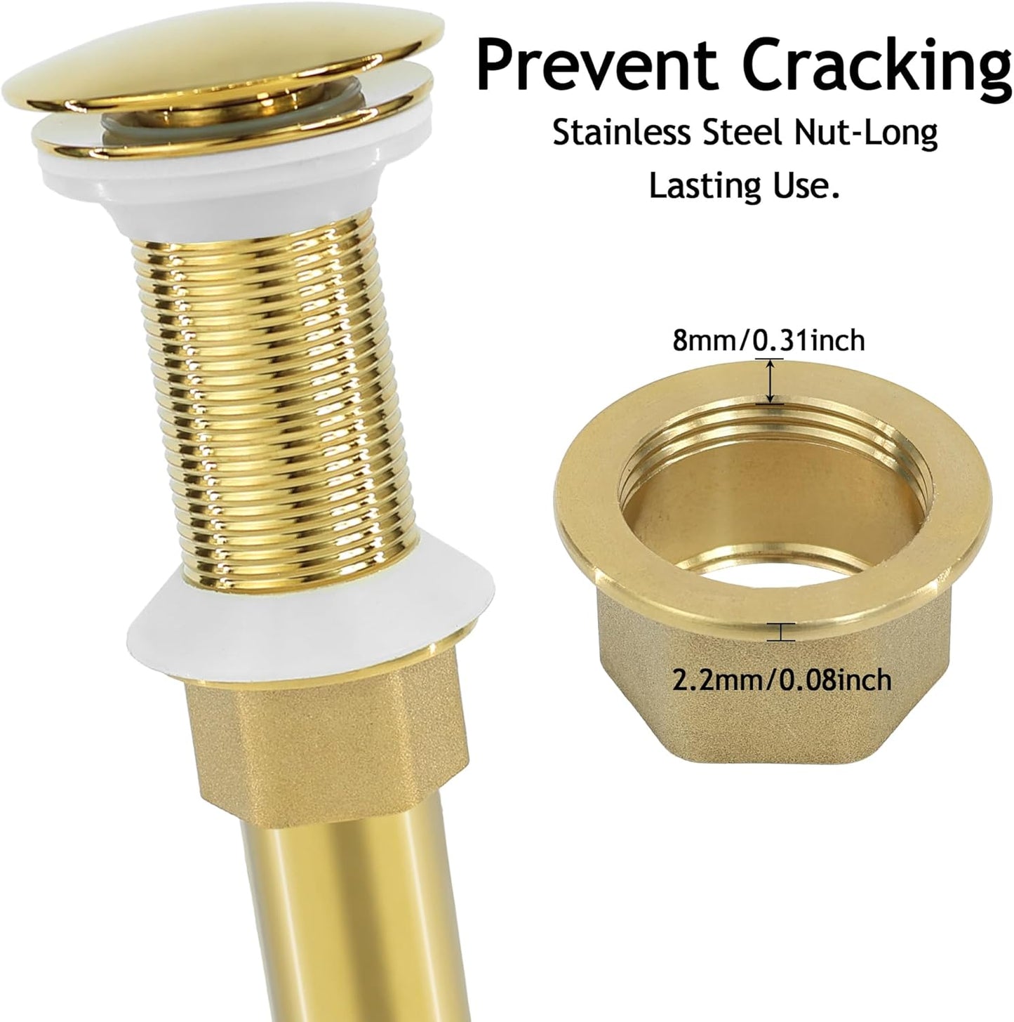 Bathroom Sink Drain, Gold Drain Stopper Bathroom Sink Without Overflow,Pop Up Drain Assembly Without Detachable Strainer Basket,Built-in Anti-Clogging Strainer,Stainless Steel Gold