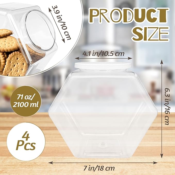 Woozettn 4 Pcs Plastic Candy Jars,71 Oz Clear Plastic Cookie Jars,Hexagonal Candy Containers with Lids for Kitchen,Dry Food,Candy,Dog Food,Cookies,Coffee Pod,Laundry Pod