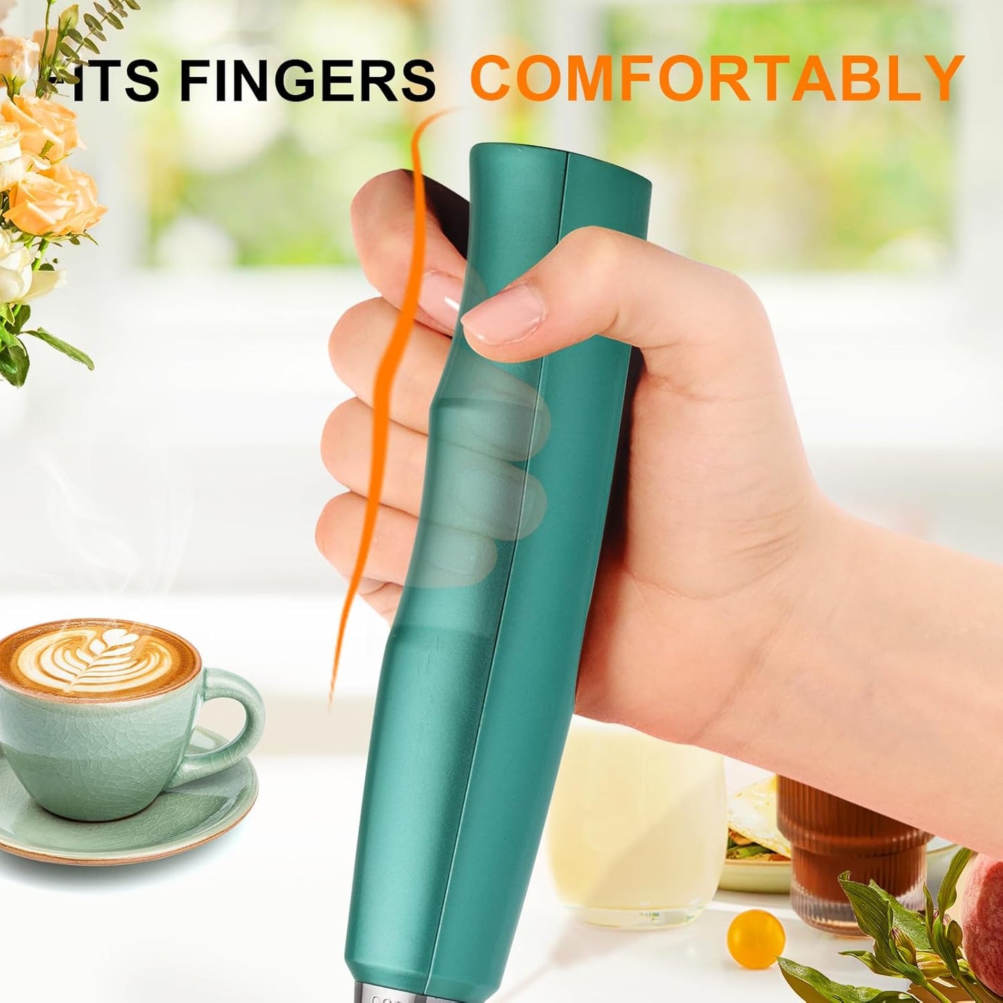 YUSWKO Green Handheld Milk Frother Wand for Coffee, Rechargeable Electric Whisk with 3 Heads 3 Speeds Drink Mixer Coffee Frother For Latte, Cappuccino, Hot Chocolate, Egg