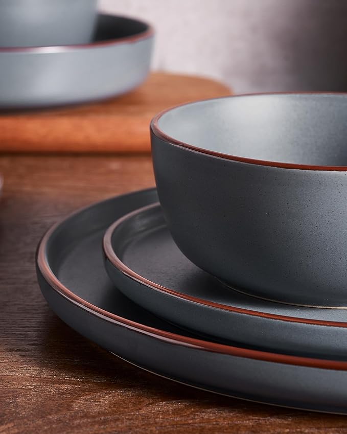 Famiware Mercury Dinnerware Sets with Pasta Bowls, Service for 4 (16 Pieces), Plates and Bowls Sets, Microwave and Dishwasher Safe Dishes Set, Charcoal