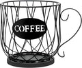 Coffee Pod Holder Organizer, Large Capacity K Cup Holder Organizer, Storage Basket for Kitchen Countertop Office Coffee Bar with Wooden Base(Rustic Black-Round)