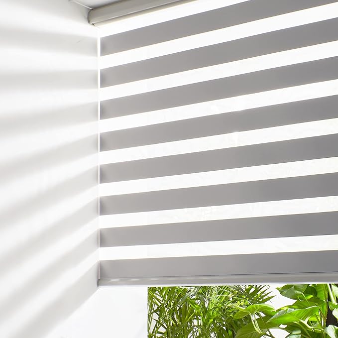 Persilux Zebra Shades Cordless Blinds for Windows (22" W x 72" H, Grey) Dual Layer Zebra Roller Shades, Free Stop Sheer Window Treatments for Home, Office, Bathroom…