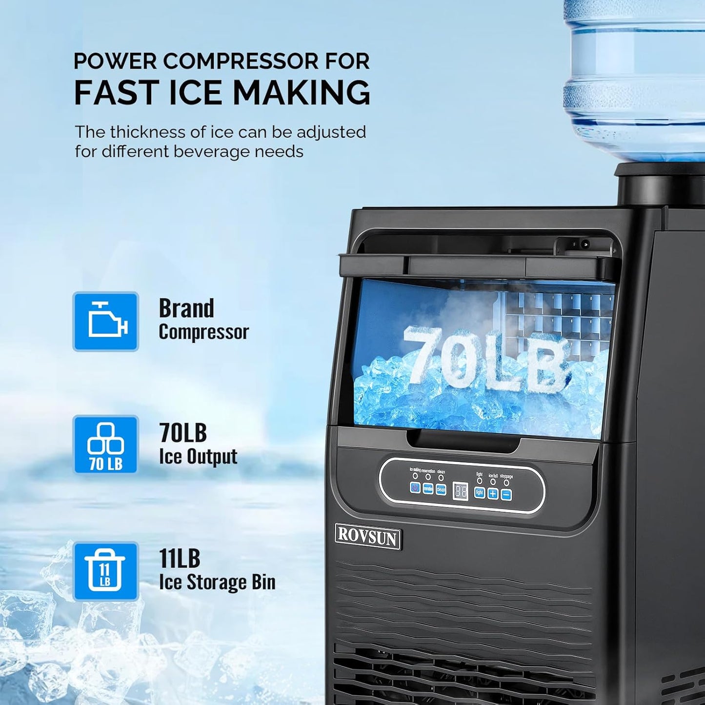 ROVSUN 70LBS/24H Countertop Ice Maker with 2 Water Inlets & Appointment Function, Freestanding Ice Machine with 11lbs Storage Bin, Ice Scoop, Drain Pipe & Water Filter (Black)
