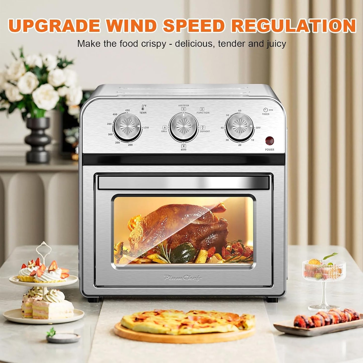 PlumChef 13 Quart 4 Slices Air Fryer Convection Toaster Oven, 1500W, Multifunction Oven for Roast, Bake, Grill, Broil, Toast（stainless steel）