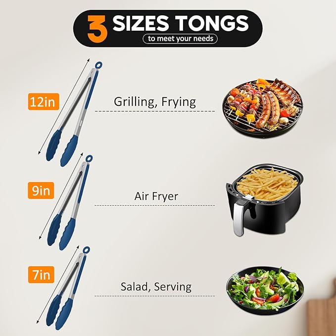Kitchen Tongs, Set of 3 Stainless Steel Tongs with Silicone Tips Locking Cooking Tongs 600ºF Heat Resistant Tong for Cooking BBQ Grilling Air Fryer Serving Food Salads, 7"+9"+12" Classic Blue