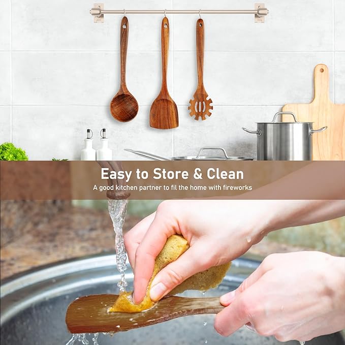 FJNATINH 3-Piece Teak Wooden Wok Spatula Set, Wooden Kitchen Utensil Set, 100% Natural Teak Wood Cooking Utensils