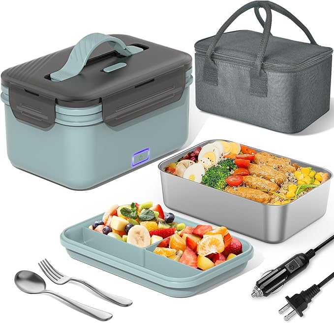 Herrfilk Electric Lunch Box Food Heater 100W, 4 in 1 Ultra Quick Heated Lunch Boxes for Adults 12V/24V/110V/220V Portable Food Warmer for Car/Truck/Office With Fork Spoon and Insulated Carry Bag