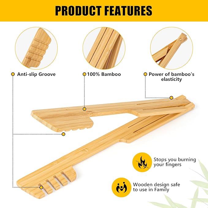 2-Pack Bamboo Kitchen Tongs for Cooking – 8.7-Inch Wooden Food Tongs with Wide Grooved Tips, Flip Design for Nonstick Cookware, Salad, BBQ, and Grilling