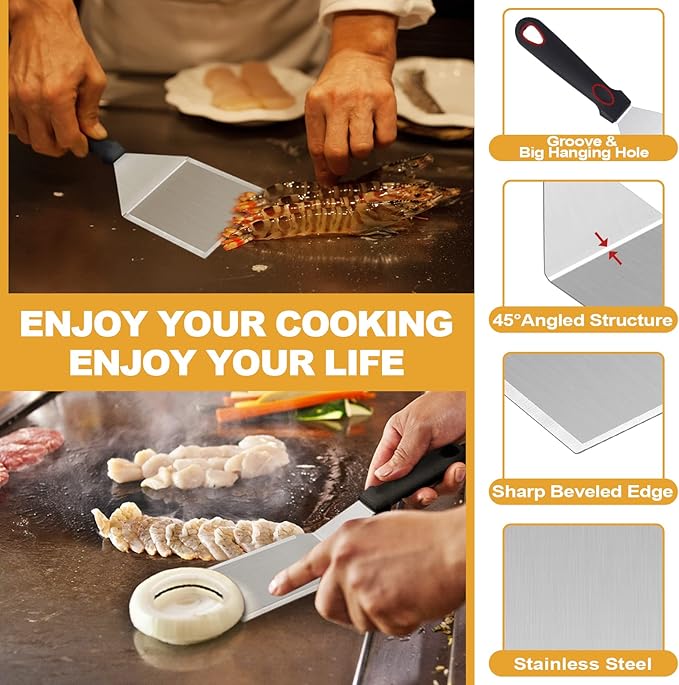 HaSteeL Griddle Accessories Kit of 5, Heavy Duty Metal Spatula, Professional Stainless Steel Flat Top Griddle Tools Set, Pancake Flipper/Griddle Scraper/Hamburger Turner for BBQ Grilling Cast Iron