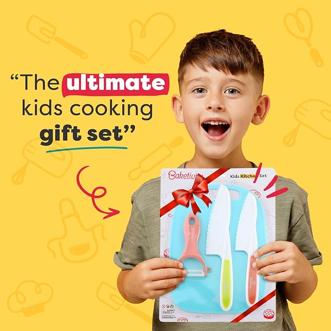 Baketivity Kid Safe Plastic Knives for Real Cooking with Cutting Board, Peeler for Kitchen - Knife Set with Blunt Tip, Dishwasher Safe, BPA Free Kids Knives for Cutting