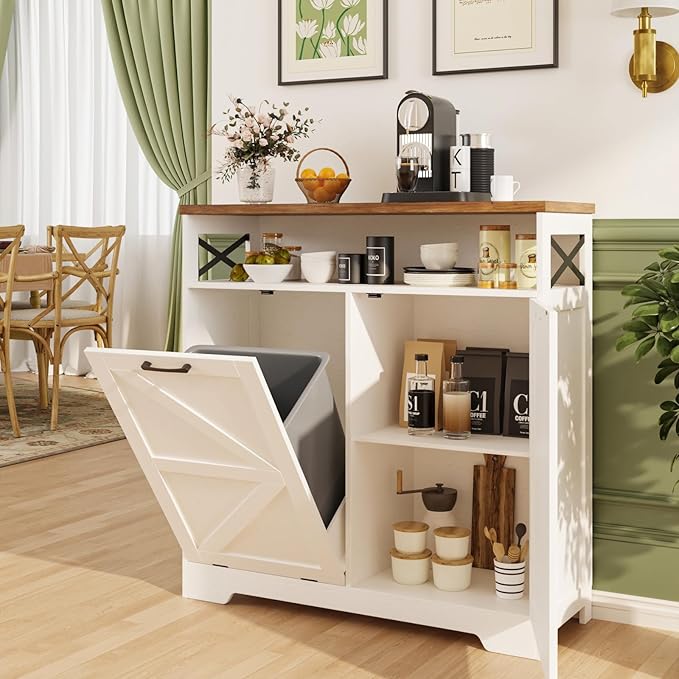 Befrases Tilt Out Trash Can Cabinet for 13 * 1 Gallon Trash Can, Farmhouse Kitchen Island Cabinet with Adjustable Shelf for Hidden Laundry Basket, Dog Proof Garbage Can for Dining Living Room, White