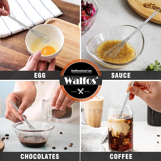 Walfos Whisk,304 Stainless Steel Mini whisk,Small Whisk.6in Long-Handle Non Rust Whisks Nice for stirring individual eggs and mixing small amounts of powder and sauce.Dishwasher Safe.(5+7+10in)