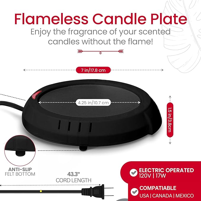 Candle Warmer Plate Safely Releases Scents Without a Flame- Used as Candle Jar Warmer, Candle Melter, Coffee Warmer, Mug Warmer, Cup Warmer in Your Home & Office (Black)