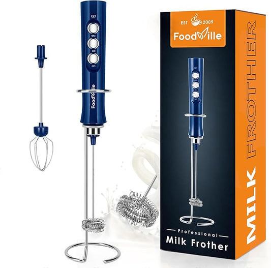 FoodVille MF02 Rechargeable Milk Frother Handheld Foam Maker with Stainless Whisk for Cappuccino, Latte, Bulletproof Coffee, Keto Diet, Protein Powder, Matcha (Classic Blue)
