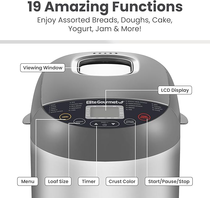 Elite Gourmet EBM8103SS Programmable Bread Maker Machine, 3 Loaf Sizes, 19 Menu Functions Gluten Free White Wheat Rye French and more, 2 Lb, Stainless Steel