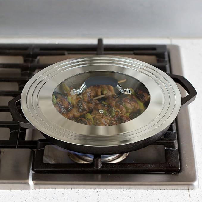 Universal Pans Pots Lid Cover Fit All 8.25 Inch to 12 Inch Pots/Pans/Woks Stainless Steel and Glass Lid with Heat Resistant Knob, Black