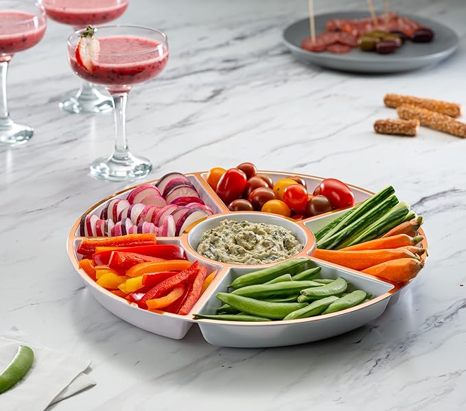 Plasticpro 6 Sectional Round Plastic Serving Tray/Platter (4, White & Rose Gold)