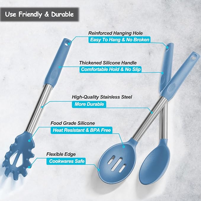 Silicone Spatula and Cooking Spoon,5 Pack Solid & Slotted Spoons and Spatulas High Heat resitant for Kitchen, Stainless Steel Handle Coated with Silicone, Non Stick Utensil, Starry blue