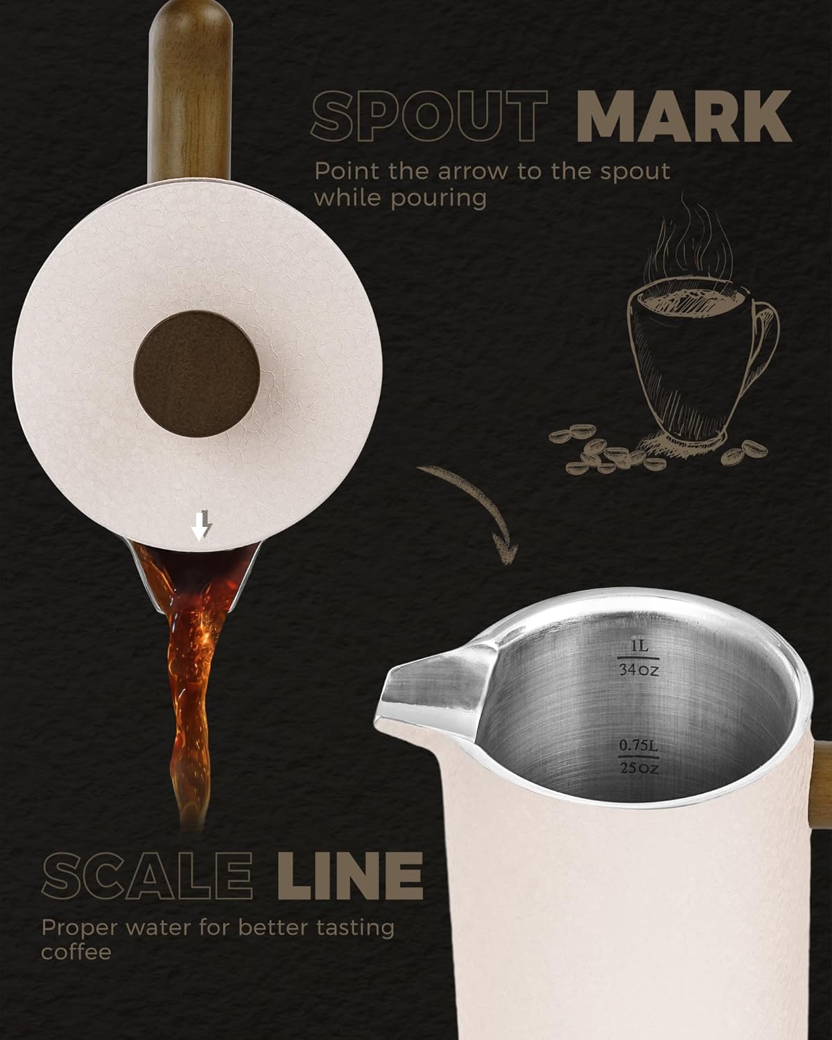 POLIVIAR French Press Coffee Maker, 34 Ounce Coffee Press with Real Wood Handle, Double Wall Insulation & Dual-Filter Screen, Food Grade Stainless Steel for Good Coffee and Tea JX2023-FPLM