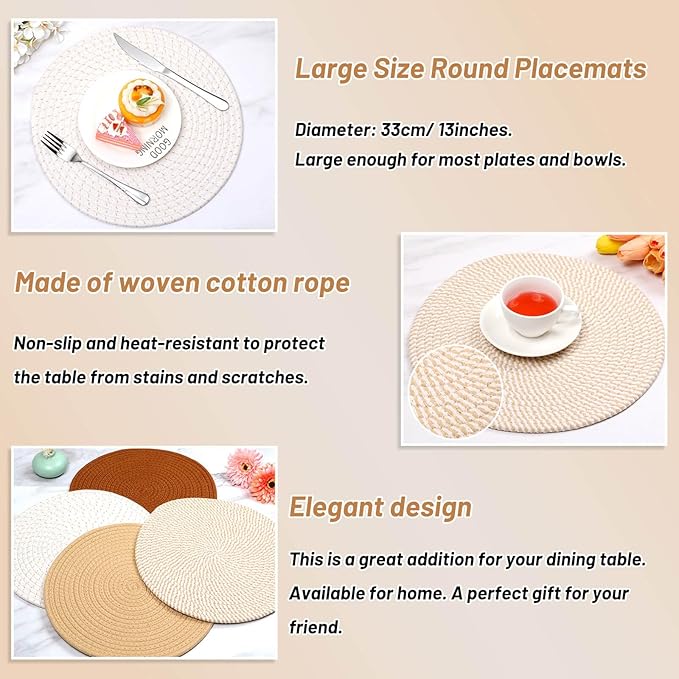Billbotk Round Woven Placemats Set of 4, 13 Inches Kitchen Table Place Mats for Dining Table, Trivets for Hot Pots and Pans, Boho Table Setting Decor, Fall Decorations for Home