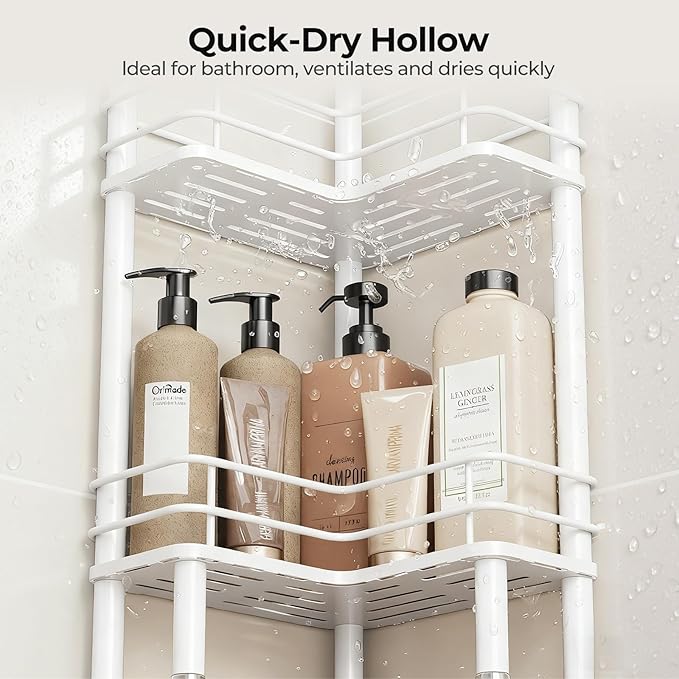 Orimade Rustproof 2 Tier Floor Standing Corner Shower Caddy Organizer with Toothbrush Holder, Large Spacing Floor Shower Shelf Rack Storage Stands with Hooks for Bathroom Kitchen, White