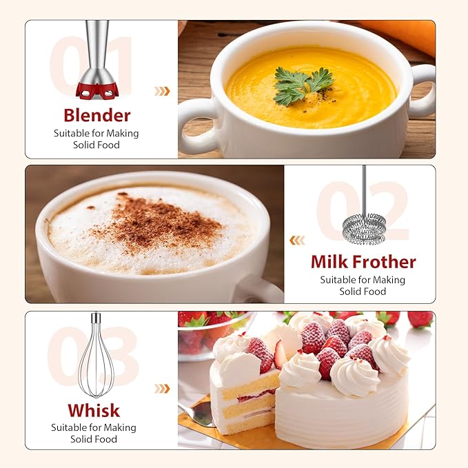KOIOS Immersion Blender, 1000W Anti-scratch 3-in-1 Hand Blender, Upgraded 12 Speed Stainless Steel Blade Stick Blender with Turbo Mode, Whisk and Milk Frother, Non-BPA, Red