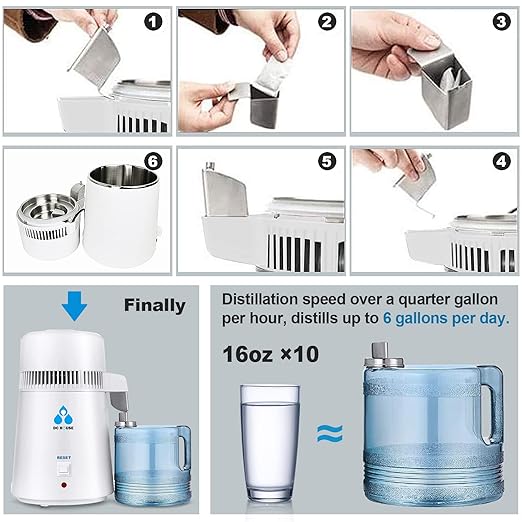 DC HOUSE 1 Gallon Water Distiller Machine, 750W 4L Pure Distilled Water Maker Machine for Home Countertop Table Desktop, Drinking Purifier for Home Kitchen CPAP Hmidifiers with Pastic Container
