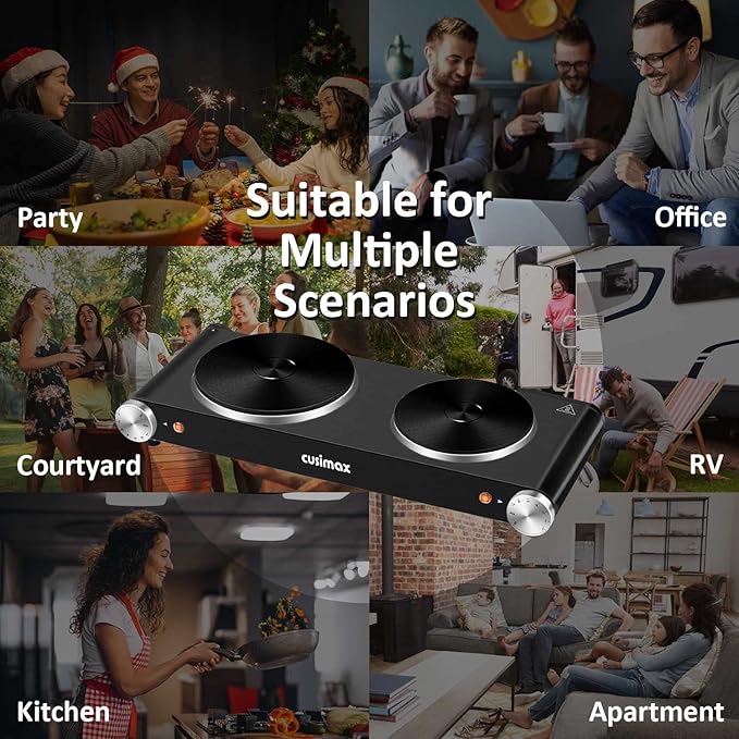 Cusimax Hot Plate for Cooking 1800W Portable Electric Double Burner Countertop Cooktop Cast Iron Stove Heating Plate with 7 Power Levels Adjustable Temp Control, Compatible for All Cookwares