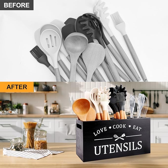 Black Farmhouse Utensil Holder for Kitchen Counter Extra Large Cooking Utensil Holder Caddy Utensils Storage Organizer for Countertop Rustic Wood Kitchen Tool Decor Utensil Crock Spatula Holder