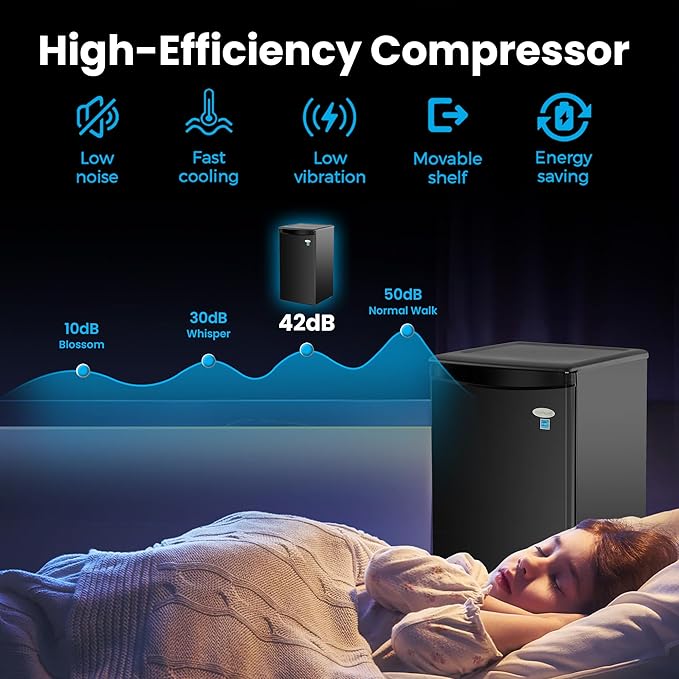 roomwell E-Star 3.3 Cu Ft Mini Fridge without Freezer - AUTO DEFROST, Reversible Single Door, Glass Shelf Refrigerator - A Space-Saving Marvel for Your Bedroom, Dorm, and Office