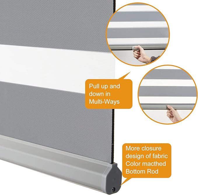Persilux Cordless Zebra Roller Window Shades Free-Stop Roller Blinds (46" W X 47" H, Grey) Light Control for Day and Night, Light Filtering Sheer Roller Shades for Windows, Easy to Install