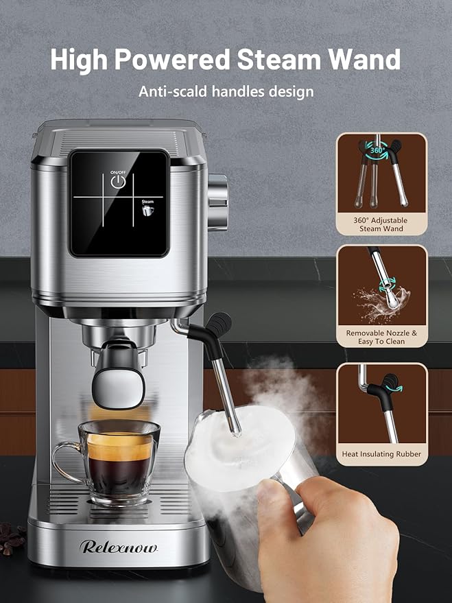 RELEXNOW Espresso Machine, 20 Bar Espresso Maker Milk Frother & LCD Panel, Hot & Iced Coffee Machine, Stainless Steel Espresso Coffee Machine with 41oz Water Tank for Cappuccino, Latte
