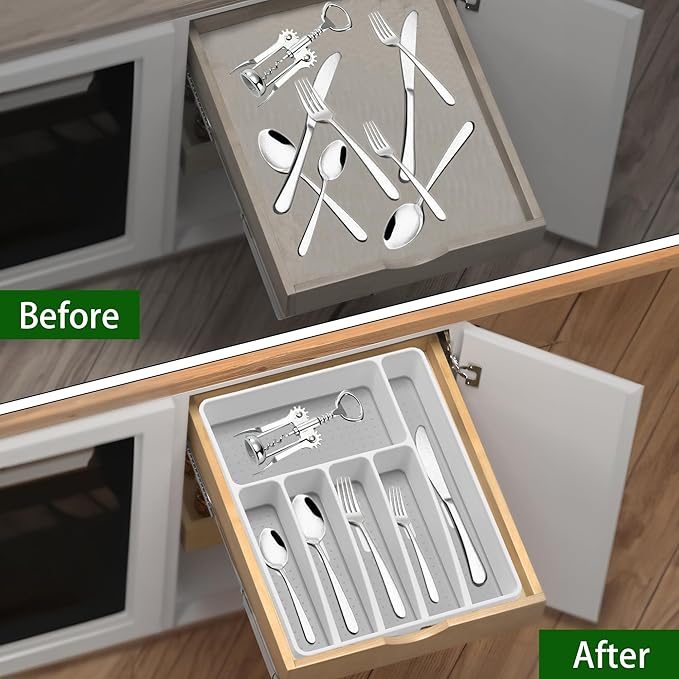 Silverware Organizer Utensil Organizer Holder Kitchen Drawer Organizer Plastic Silverware Tray for Drawer Flatware Organizer 6 Compartment White