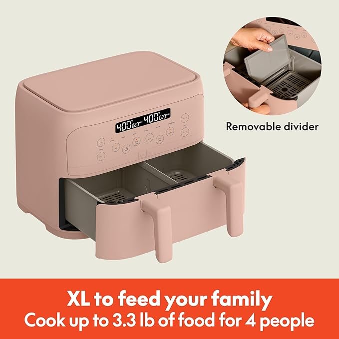 bella 4 Qt TriZone Air Fryer, EverGood™ Ceramic Nonstick Coating, Dual Basket Design w Removable Divider, Digital Touchscreen Control w 6 Preset Cooking Options, 1200 Watt, 3lb Capacity, Blossom