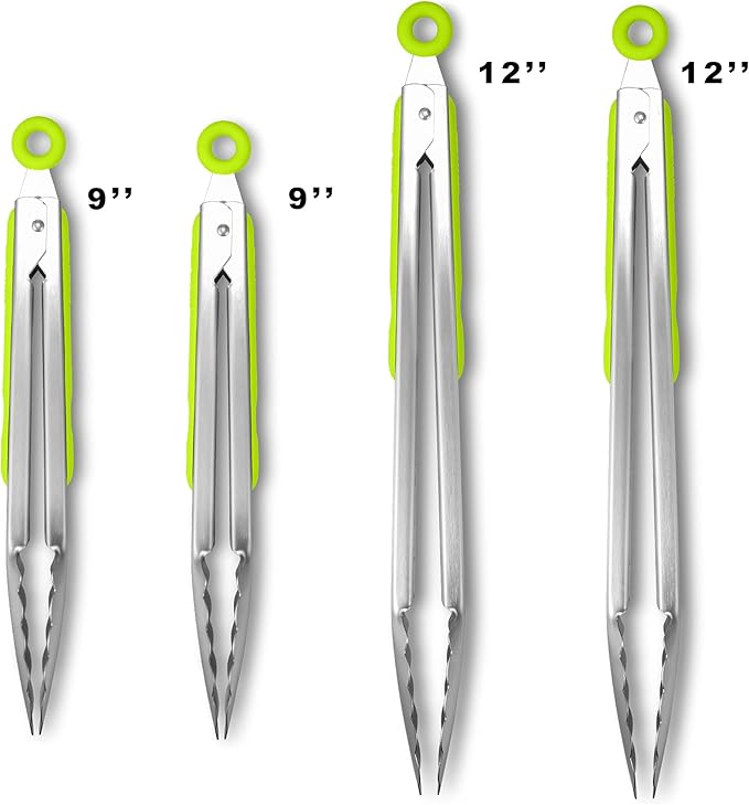 304 Stainless Steel Kitchen Cooking Tongs, 9" and 12" Set of 4 Sturdy Grilling Barbeque Brushed Locking Food Tongs with Ergonomic Grip, Green