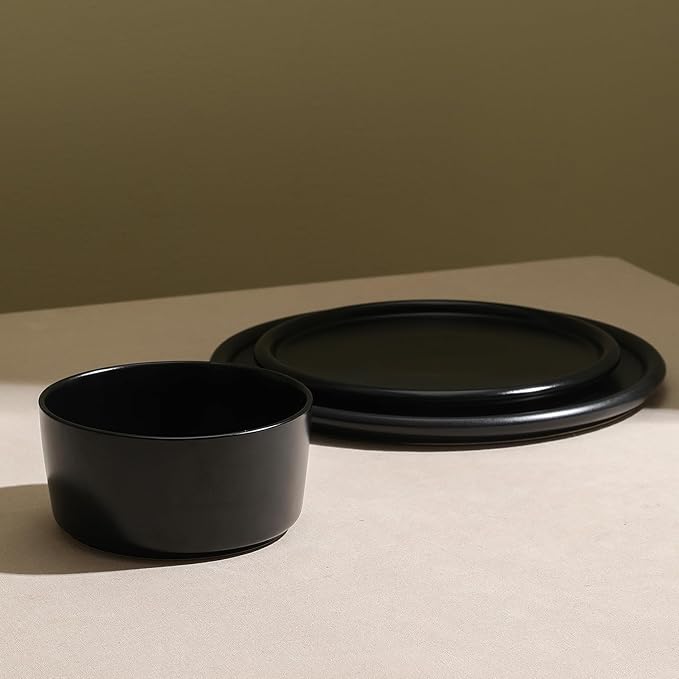 Stone Lain Eden 12-Piece Dinnerware Set Stoneware, Plates and Bowls Set, Dishwasher and Microwave Safe Dish, Dish Set for 4, Black