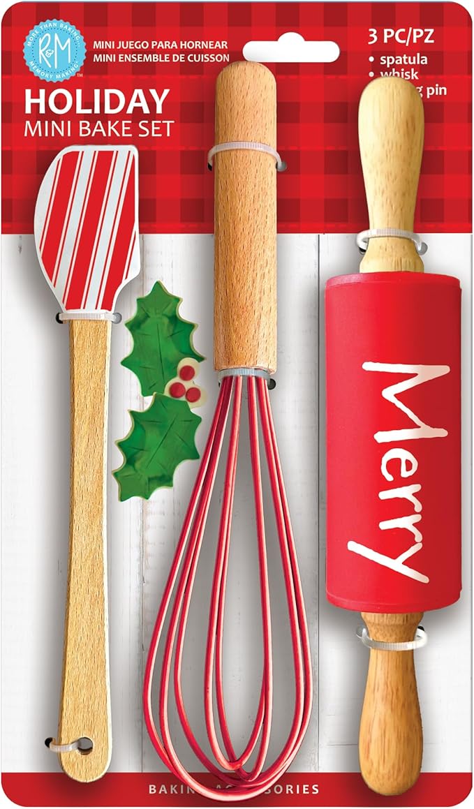 Christmas Holiday Mini Bake Set. Includes mini-Spatula, Whisk and Rolling Pin. Great Christmas gift idea for teachers, and stocking stuffers.
