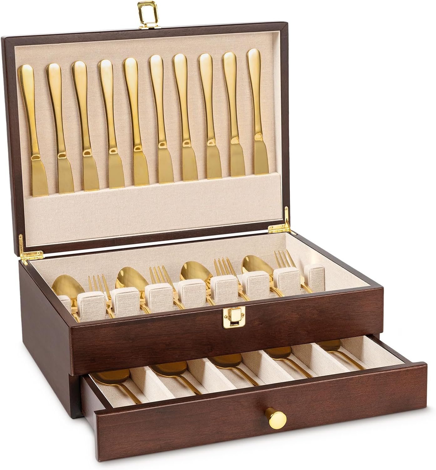 Silverware Storage Box, 2-Layer Flatware Storage Case with Drawer, Wooden Silverware Chest with Linen Liner, Rustic Silverware Case for Storing Fine Flatware and Utensils (Walnut)