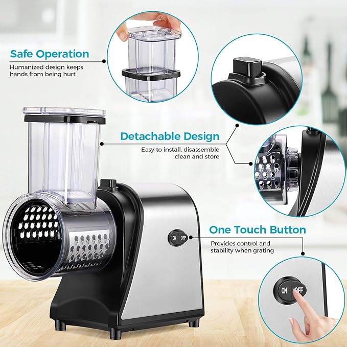 Electric Cheese Grater, 250W Electric Slicer Shredder, One-Touch Control Electric Salad Machine for Cheese, Fruits, Vegetables, Salad Maker with 5 Different Shapes of Blades, 2025 Upgrade