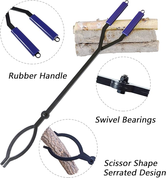 40in Heavy Duty Fire Tongs Firewood Grabber Tool with Scissor Shape Serrated, Log Claw Tongs for Bonfire Campfire Fire Pit Outdoor Indoor Log Grabber Rustproof Safely Moves Firewood