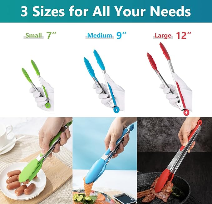 Kitchen Tongs Set of 3, Cooking Tongs with Silicone Tips, Non-Stick Non-Scratch Heat Resistant Tongs for Grilling Cooking BBQ Salad Serving (Multicolor, 7/9/12 Inch)