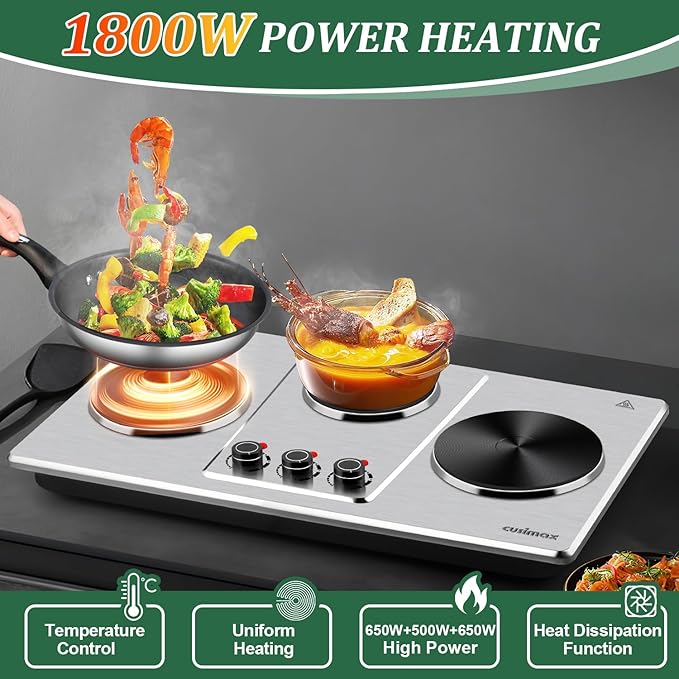 Cusimax Hot Plate,Countertop Triple Burner with 7″Cast Iron Cooktop,Electric Hot Plate for Cooking,11 Level Temperature Setting