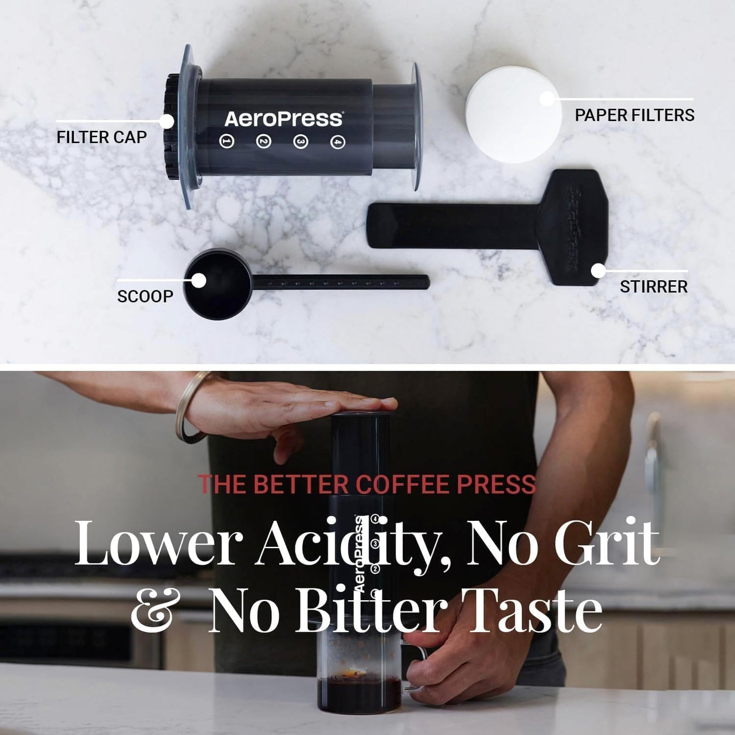 AeroPress Original Coffee Press – 3 In 1 Brew Method Combines French Press, Espresso, Full Bodied Coffee Without Grit or Bitterness, Small Portable Coffee Maker for Camping & Travel