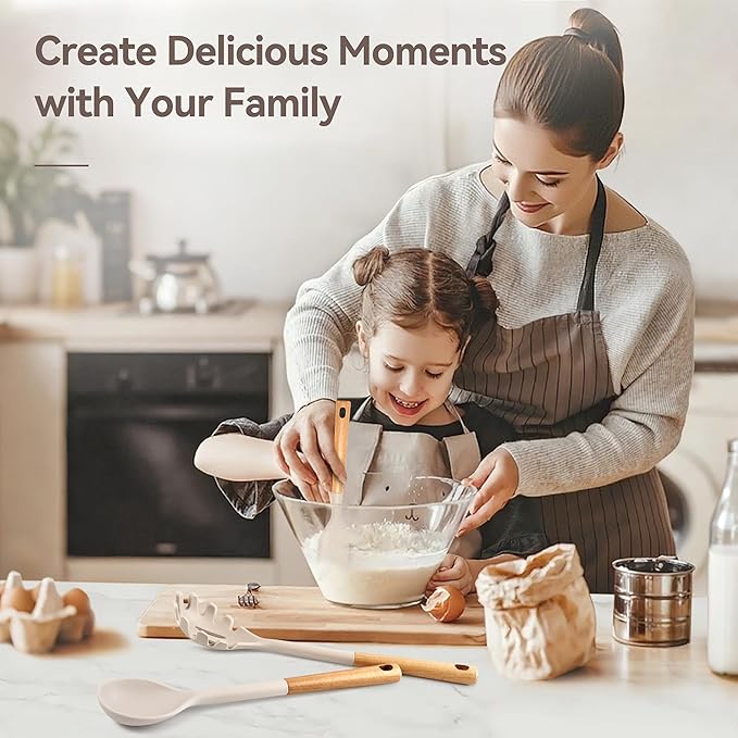 Kitchen Utensils Set, Large Non-stick Silicone Cooking Utensils Set 6 Pcs, Wooden Handle Heat Resistance Silicone Spatula Soup Ladle Pasta Server Kitchen Gadgets Utensils Set BPA Free (Khaki)