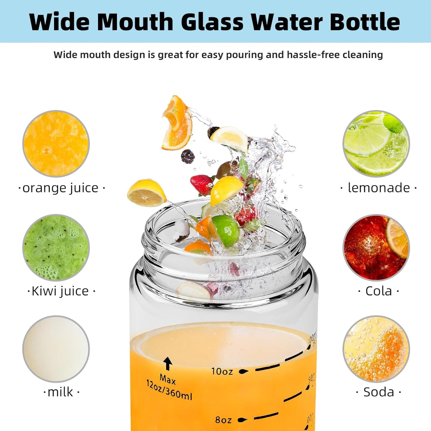 Glass Juice Bottles 6 Pack 12 oz - Wide Mouth Glass Water Bottles with Lids - Borosilicate,Stainless Steel Lids for Juicing, Smoothies, Infused Water, Beverage Storage, Leakproof, Reusable,BPA Free